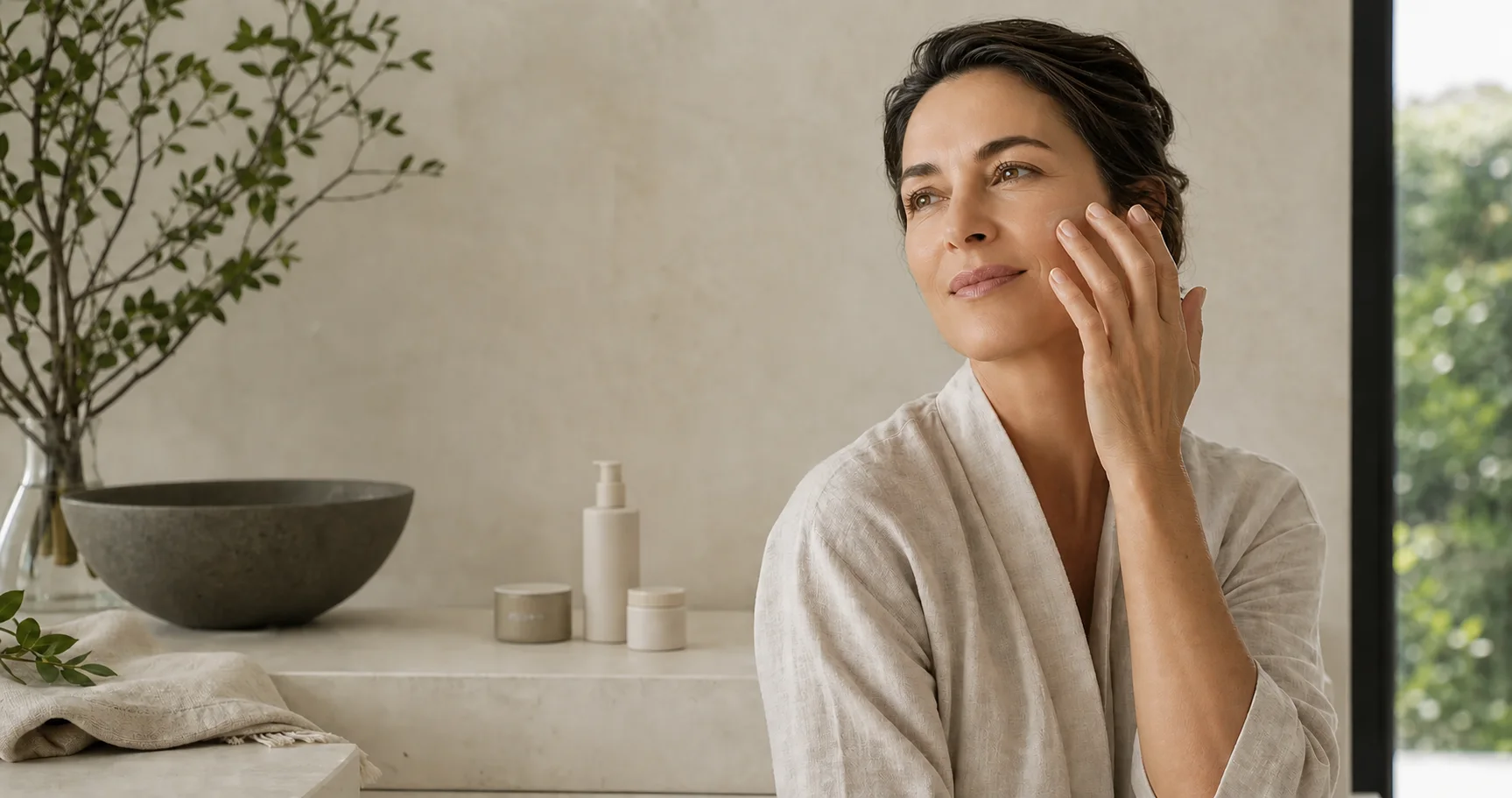 A woman in a linen robe applying skincare to her cheek in a calm, stone-toned bathroom lit by morning daylight.