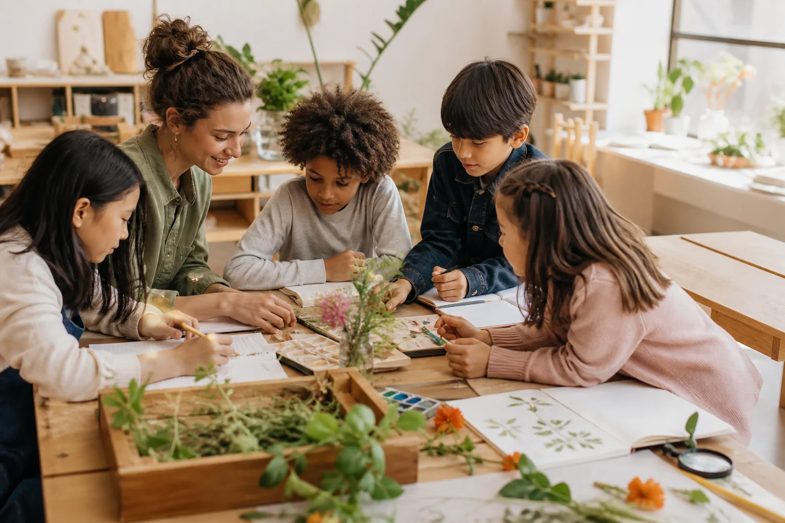 A teacher and four children gathered around a wooden table, pressing plants and drawing in notebooks in a bright, plant-filled learning room.